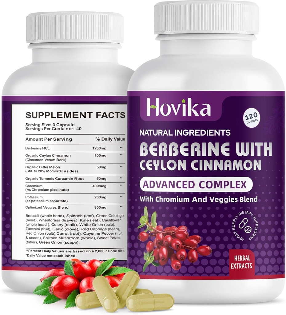 Berberine HCL Kapsule 1200 mg - Berberine dodatek s Ceylon cinamon, Chromium, Veggies Mešanica - podpira Presnova in imunski sistem, Gut Health - 120 ct Enostavno za pogoltniti Veganske tablete
