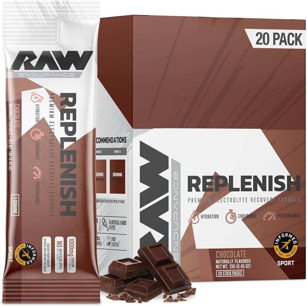 RAW Replenish Packets, Premium Electrolytes Powder Recovery Formula, Čokolada (20 Pack Packs) - Aromatizirana mešanica elektrolitskih pijač za hidracijo, odpornost, vzdržljivost in zmogljivost