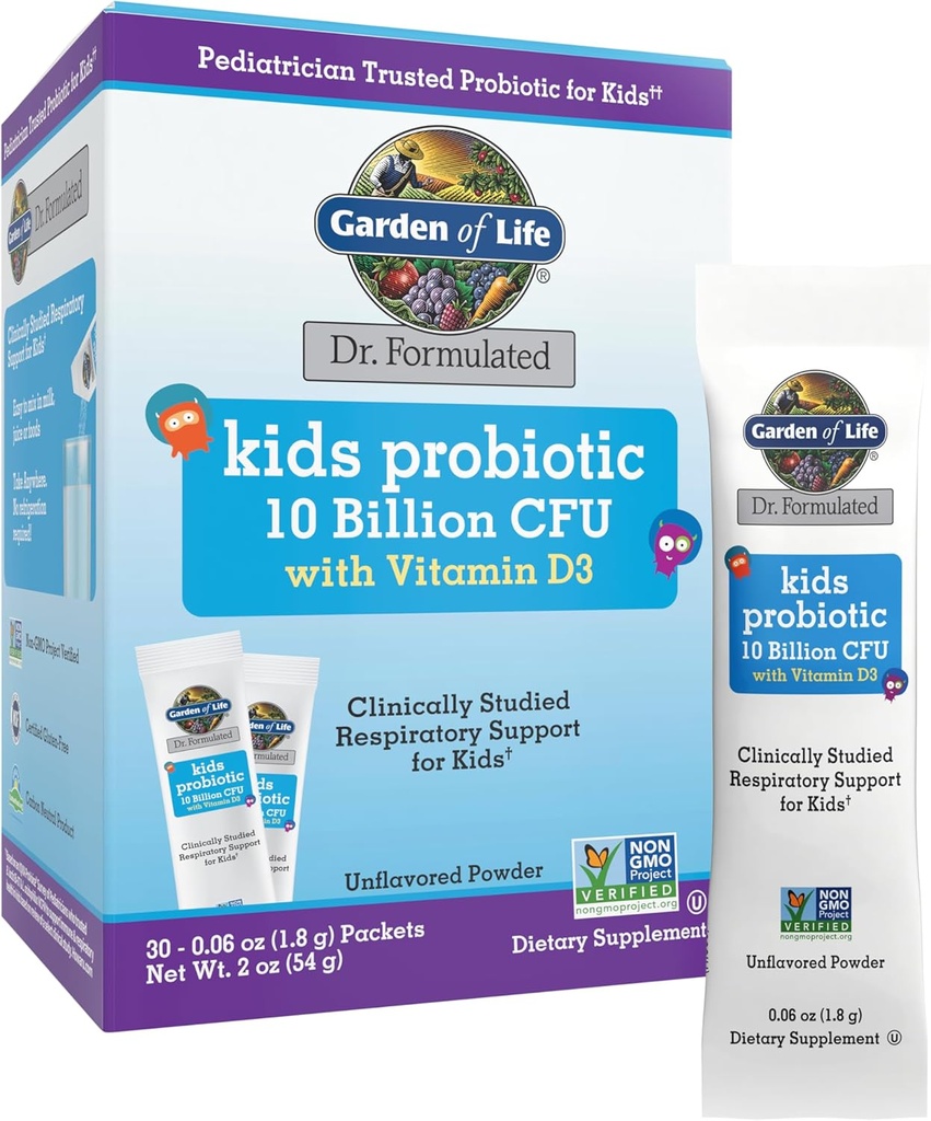 Garden of Life Dr. Formulirani otroci' 10 milijard CFU Probiotic Pack z D3 – Podpira kosti, Zob in imunske funkcije, nearomatiziran prašek, 30ct škatla