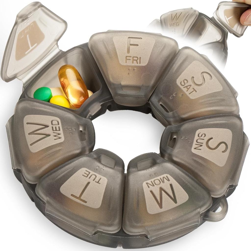 Round tedenske tablete Organizator, TPU Gumirani, Travel Pill Container 7 Day, s 7 Velikih delov, Super za dnevne vitamine in dodatki, Cute Pill Case z velikimi črkami in Braillova pisava (Grey)