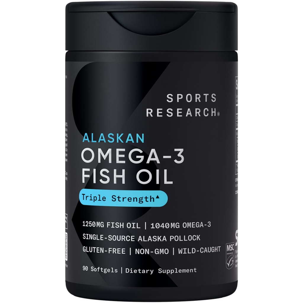 Športne raziskave Trojna moč Omega 3 ribje olje - Olje brez žarkov ribje olje dopolnilo w/EPA & DHA Maščobne kisline iz eno- vir Wild Aljaska Pollock - 1250 mg, 90 ct