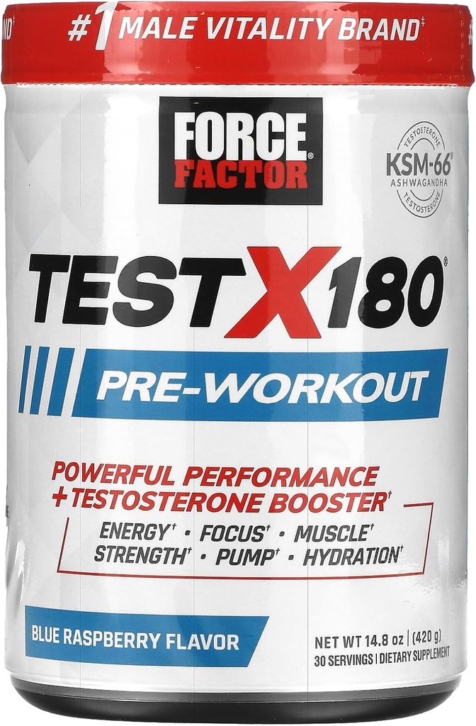 FORCE FACTOR test X180 Predworkout Powder & Energy Supplement, Boost Focus & vzdržljivost, Gradite mišice in moč, dušikov oksid dopolnilo z Ashwagandaha & L-Citrulline, Blue Raspberry, 30 Servinges