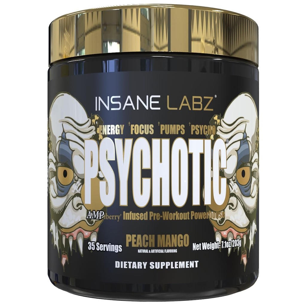 Insane Labz Psychotic Gold, High Stimulant Pre Workout Powder, Extreme Trading Energy, Črpalke in vzdržljivost z Beta Alanine, DMAE Bitartrate, NO Booster (35 Serving, Peach Mango)