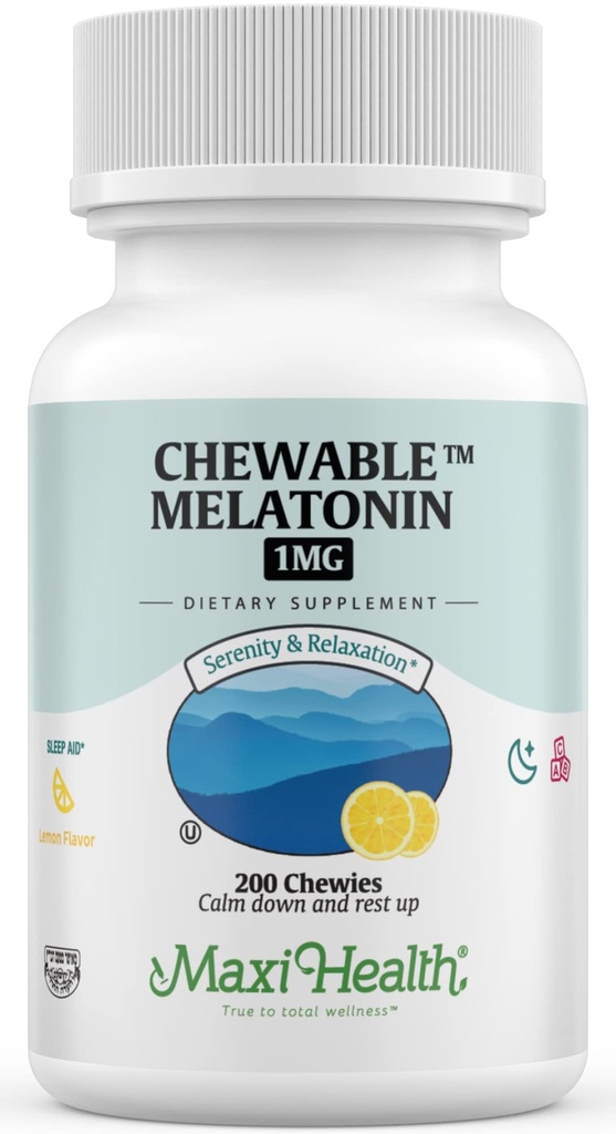 Maxi Health Chevable Melatonin, Kosher Lemon Flavor, Melatonin za odrasle in otroke, Naravna pomoč za odrasle in otroke, Melatonin Chewable Alternative to Melatonin Gummies Dose, (200 Count)