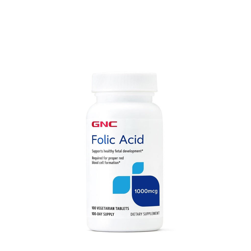 GNC Folna kislina 1000mcg, Podpira zdravo razvoj ploda, Zahteva za pravilno formacijo rdečih krvnih celic, Vegetarian Formula, 100 Število