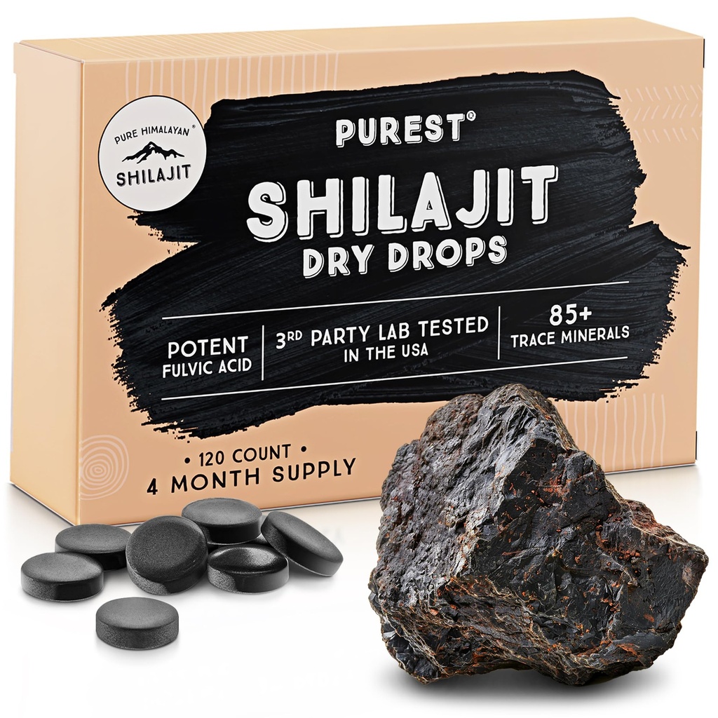 Čiste himalajske shilajit suhe kapljice, 100% Čisti naravni shilajit, stopnja A, Max Potency 85+ Čisti sledovi Minerali in fulvična kislina za energijo, Presnova in Imunska podpora dodatek za moške in ženske (120 tablet)