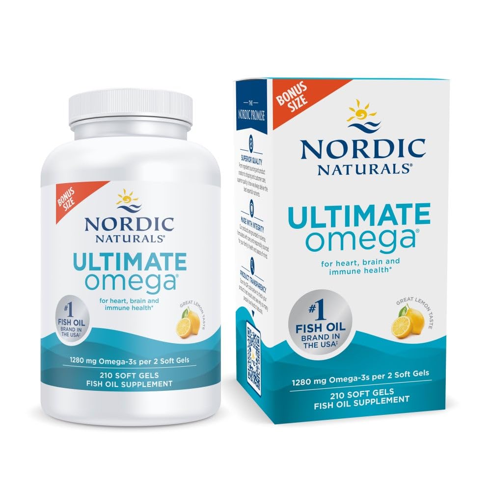 Nordic Naturals Ultimate Omega, Lemon Flavor - 210 Soft Gels - 1280 mg Omega-3 - Visokopotezno ribje olje z EPA & DHA - spodbuja zdravje možganov in srca - Non-GMO - 105 Servings