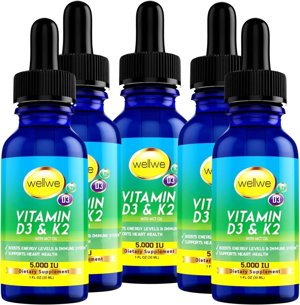 Tekoči vitamin D3 K2 kapljice 5000 i.e. - Vegan, brez okusa, brez vonja, brez soje, brez glutena, brez glutena, brez GMO, 1000 i.e. na kapljico, poveča energijske ravni in imunski sistem, podpira zdravje srca (5 paketov)