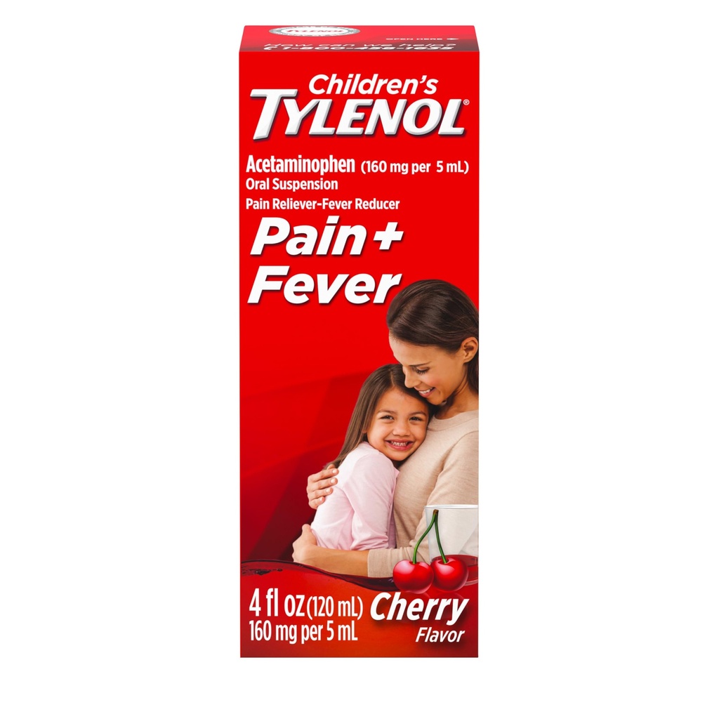 Otroška Tylenol Tekoča peroralna suspenzija Medicina, Acetamofen Pain Reliever & Fever Reducer, Aspirin-, Ibuprofen- & Alkohol-free, Cherry, 4 Fl. Oz