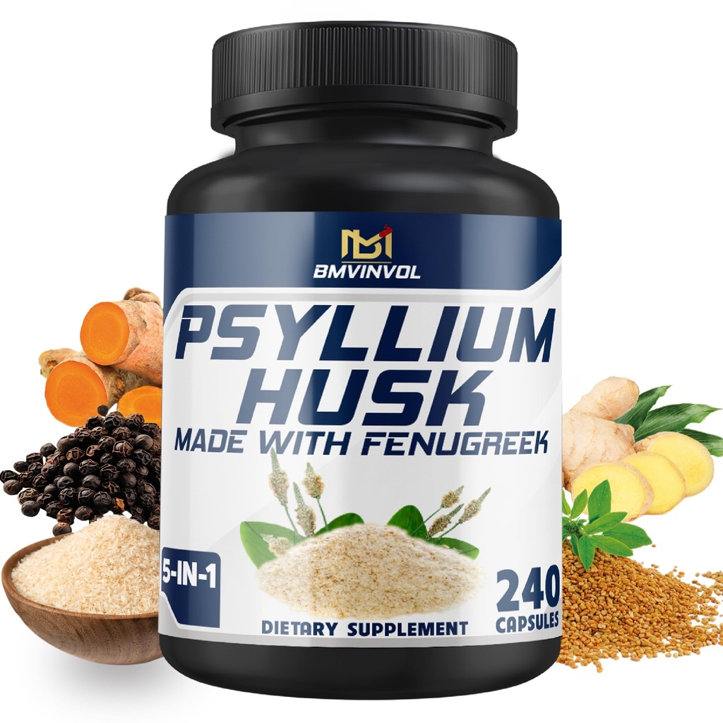 BMVINVOL Psylium Husk Kapsule Fiber dodatek s Fenugreek, Kurkuma, ingver, črna paprika - Podpora Prebavni sistem, črevesno zdravje - 240 Štetje za 4 mesecev dobave