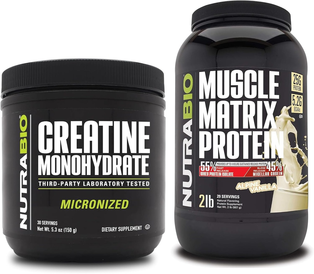 NutraBio Kreatin Monohidrat, brez arome, (150 g) in Muscle Matrix Protein Powder, (Vanilla) dopolnilo – mišična energija, največja rast, regeneracija, in moč