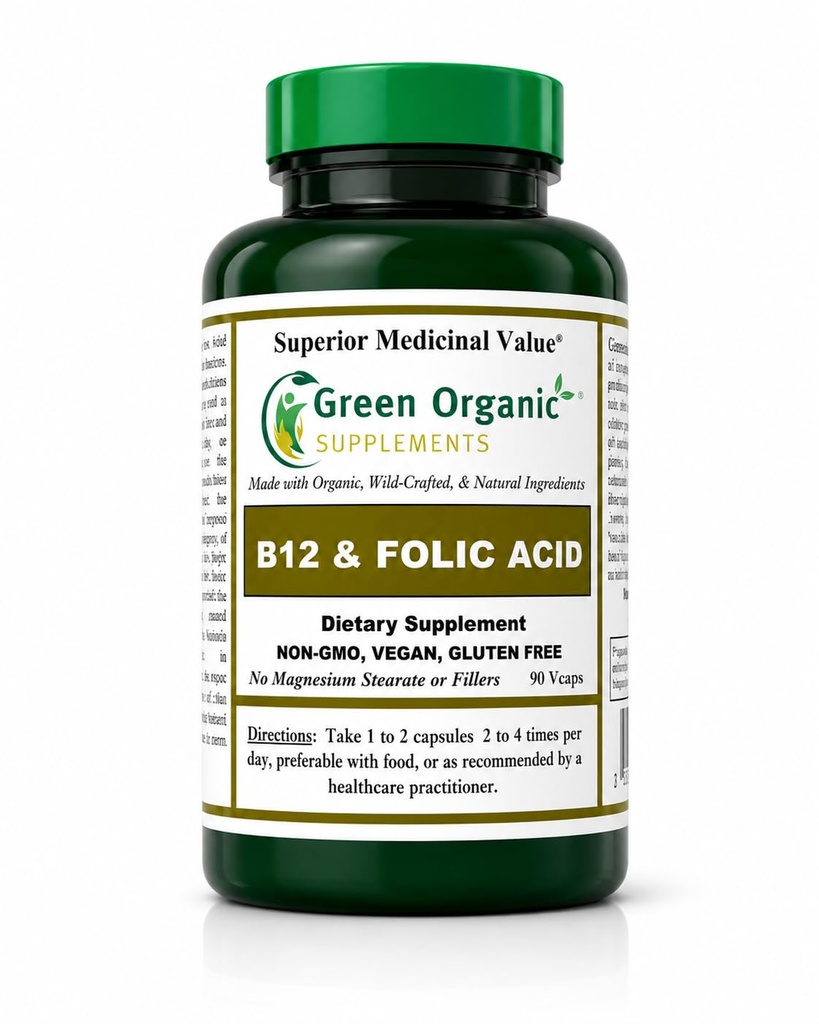 Zelena Ekološka dopolnila (Pack-1) Vitamin B12 & Folna kislina, 1000mcg, 90 VCaps, ročno izdelan, Vegan, Ne-GMO, Podpira delovanje živčnega sistema, in Integriteta kože, las in jeter
