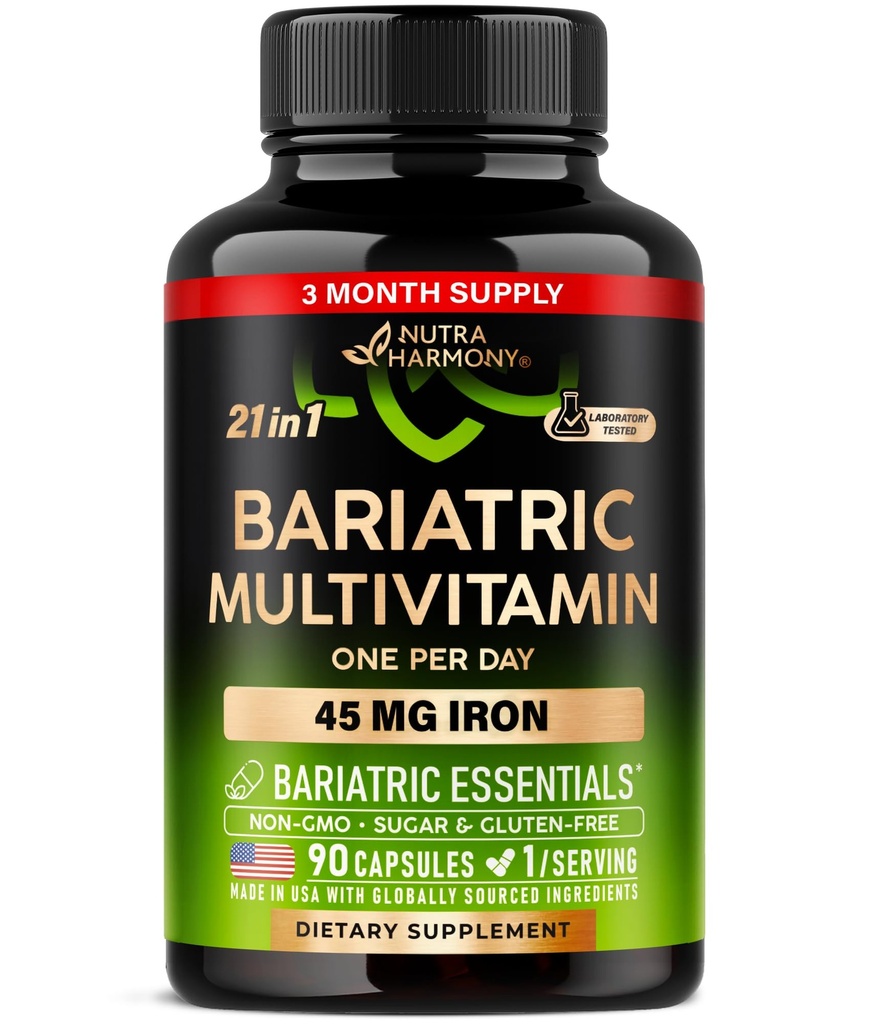 Bariatrični multivitaminski - 45 mg železovi dodatki - izdelani v ZDA - za ženske in moške - All-in-One, 21 Esencialni vitamini - Gastrični rokavi - brez sladkorja, Gluten & Soy - 90 kapsul, enkrat dnevno
