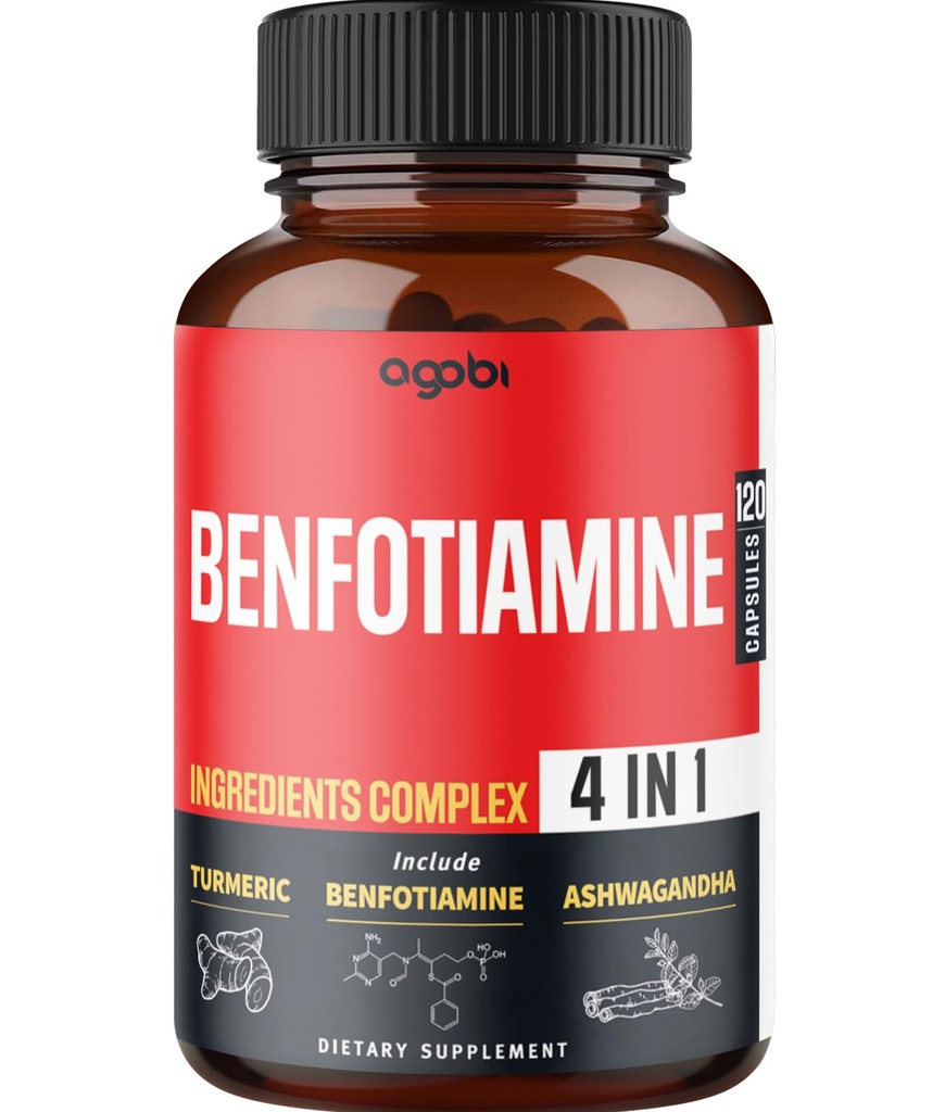 agobi 4in1 Benfotiamine dodatek - 2 meseca za prebavo, proizvodnjo energije in imuno - Plus Kurkumin koren, Ashwagandha Root & Organic Gimnema Sylvestre - 120 kapsul