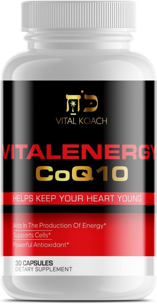 Vitalenergy CoQ10 Ubikinon 200 mg, 30 kapsul, podpira kardiovaskularno zdravje, proizvodnjo celične energije in antioksidant, bela/rdeča/črna