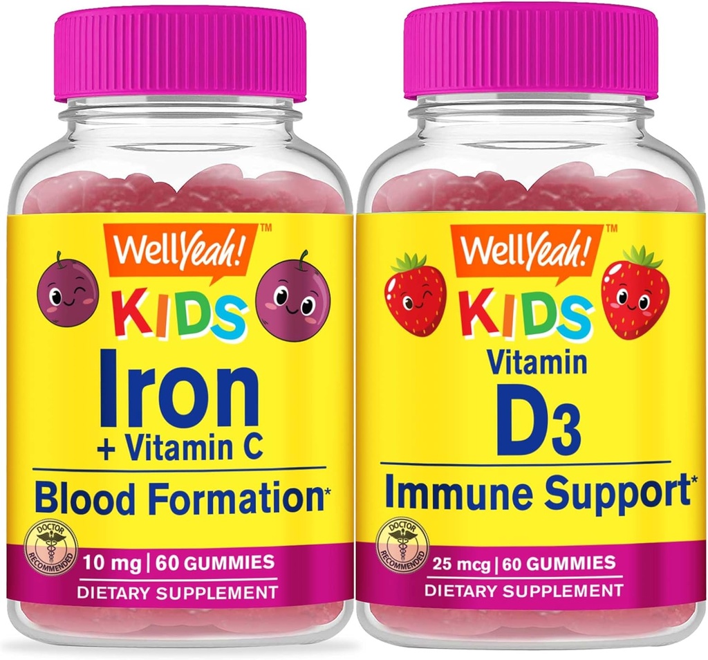 NoYeahe Iron + Vitamin C Otroci + Vitamin D3 Otroci, Gummies Bundle - odličen okus, Vitamin dopolnilo, Gluten brezplačno, GSO brezplačno, Žvečljivi gumi