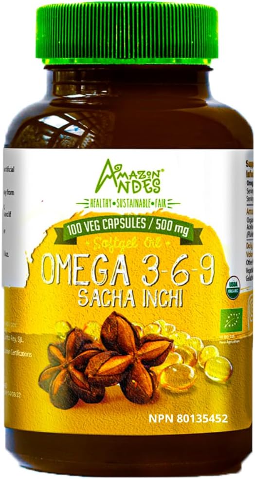 Andes Sacha Inchi Oil Kapsule - Vir omegasov 3, 6 in 9 - Zdrav vir esencialnih maščobnih kislin - Veganske, ne-GMO, brez alergenov in glutena - 100 softgel tablet (500mg) - Izdelane v Peruju