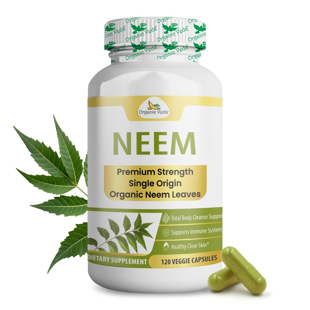 Organske Veda Neem kapsule, 1000mg - Organski zeliščni dodatek narejen z Ayurvedic India Neem Leaf Powder - podpira Radiant kože, Imunska, Detox, Zdravi vnetni odziv - 120 Veggie kapsule