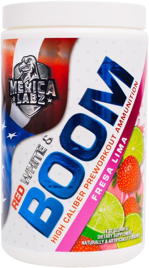 Merica Labz rdeča, bela in bum, visoka Caliber Predworkout z VasoDrive-AP®, 350mg kofein, Max Energy, Črpalka in fokus, Povečan pretok krvi in volumen mišic, 20 Serving (Fresa Lima)