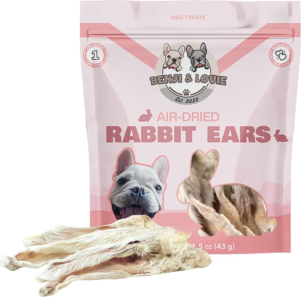 Benji & Louie Air posušena Cela zajčja ušesa s kožuščkom - Naravne zdrave pasjih poslastic ali pasjih žvečil, ena sestavina, 1,5 oz, 4 do 6 Count