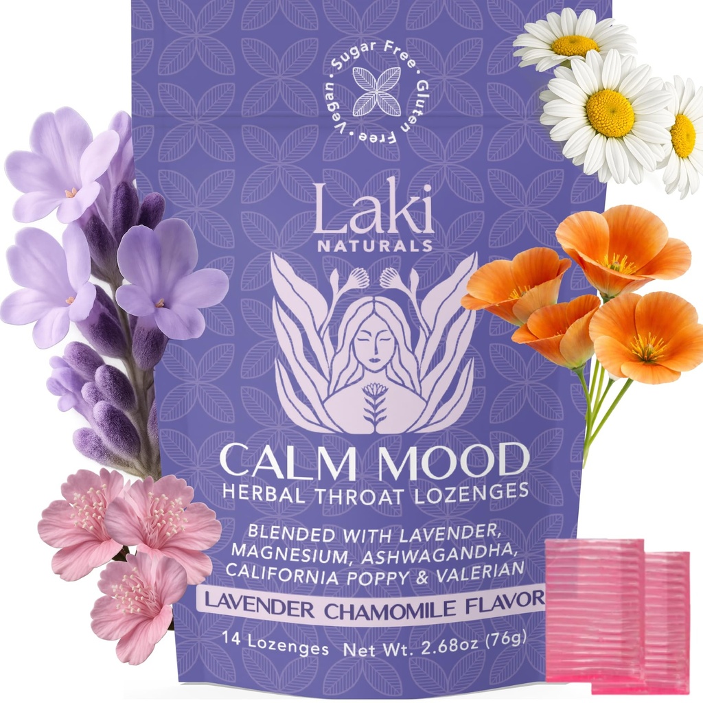 Laki Naturals Lavender Kamilica Calm Mood Funkcionalna Zeliščni Lozenges (14ct) Grlo & Umirjanje trde sladkarije z magnezijem, Ashwagandha, California Poppy & Valerian. Vegan, brez sladkorja, brez glutena