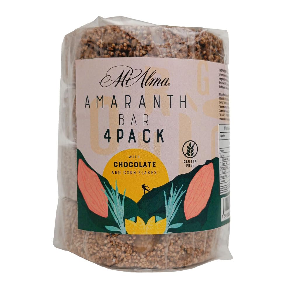 Mi Alma, 4 Bar Pakiranje Amaranth Bar s čokolado in koruznimi kosmiči PREMIUM, Barra de Amaranto con Chocolate, Super Hrana, Gluten Free, Zdrav prigrizek, 8.4 oz