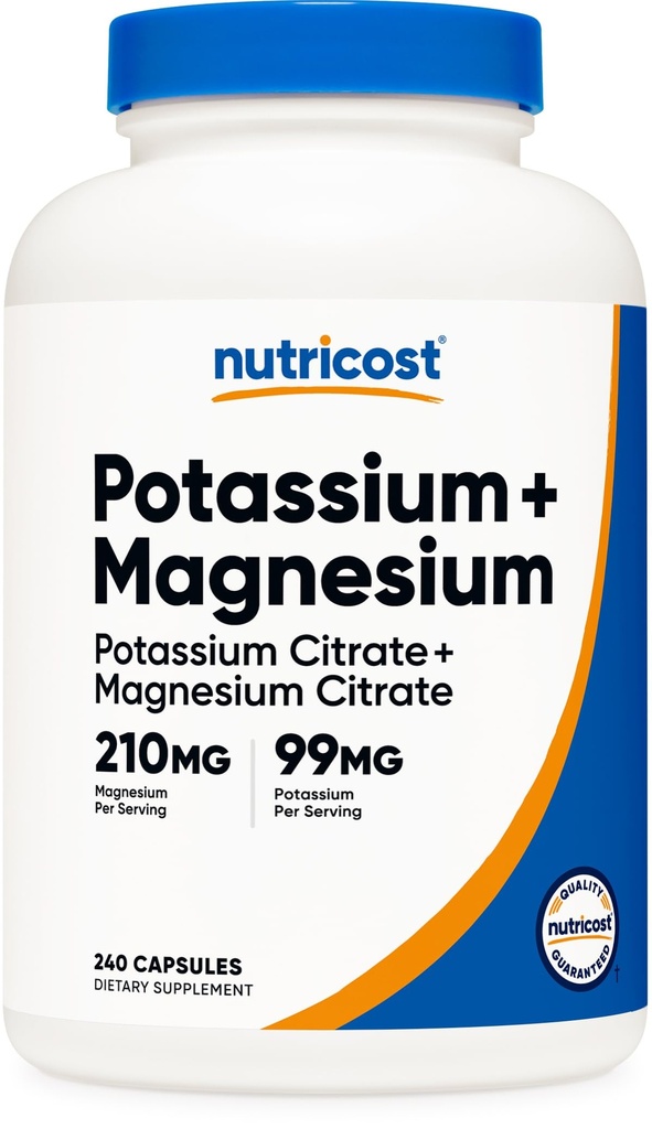 Nutricost Kalij (99 mg) Magnezij (210 mg) Citrati, 240 kapsul - brez glutena, brez glutena