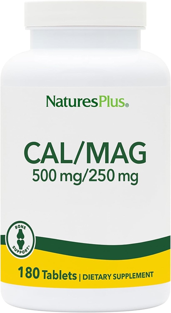 NaturesPlus Cal/Mag - 180 Vegetarijanske tablete - 500 mg Kalcij, 250 mg Magnezij - Podpira proizvodnjo energije in splošno dobro počutje - 180 Serving