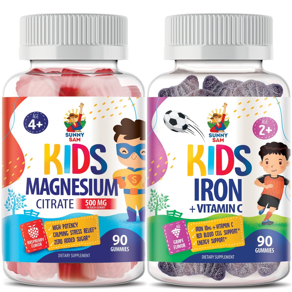 SUNNY SAM Iron Gumies za otroke & Magnezij Gumies za otroke in odrasle - 500mg - Calm Magnezium Chews - Magnezijev Citrat Žvečilni dodatek za Mood & Mišična podpora