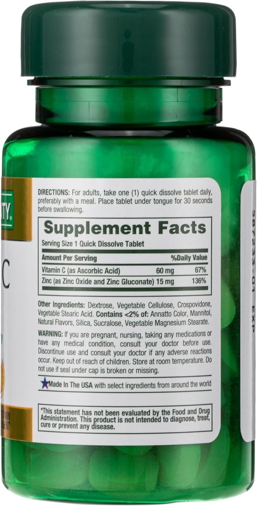 Bounty narave, vitamin C + cink, podpira imuno zdravje, dodatek vitamina, 60 mg, 60 tablet (paket z 2)