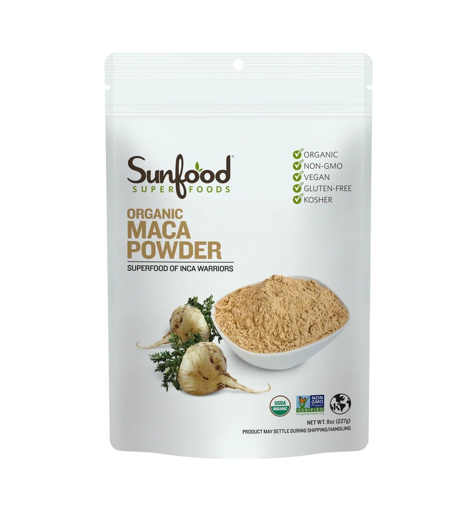 Sunfood Superfoods Organic Maca Powder za moške in ženske - Maca Root Powder Organic z adaptogeni, Uporaba v smoothies in drugi recepti, Perujski, Vegan - 8 Oz Bag