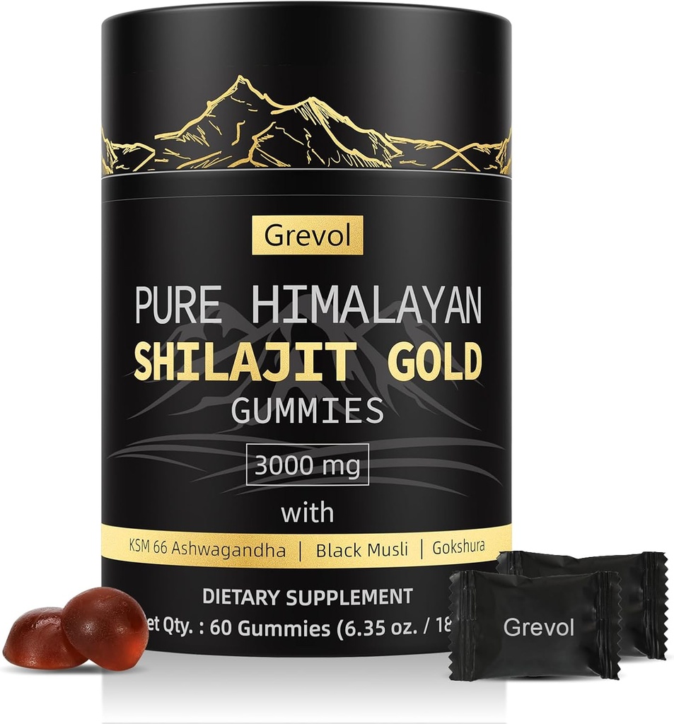 Himalajski shilajit Gumies: zlata stopnja Shilajit Bogata z Ashwagandha Fulvic Acid & 85+ Trace Minerali - Brez dodanega sladkorja - individualno zaviti - za moške in ženske - 60 Gummy