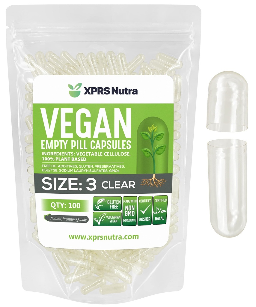XPRS Nutra velikost 3 prazne kapsule - 100 Štetje Prozorne prazne veganske kapsule - Vegetarijanske tablete - DIY Zelenjavna kapsula Polnjenje - Veggie Pills