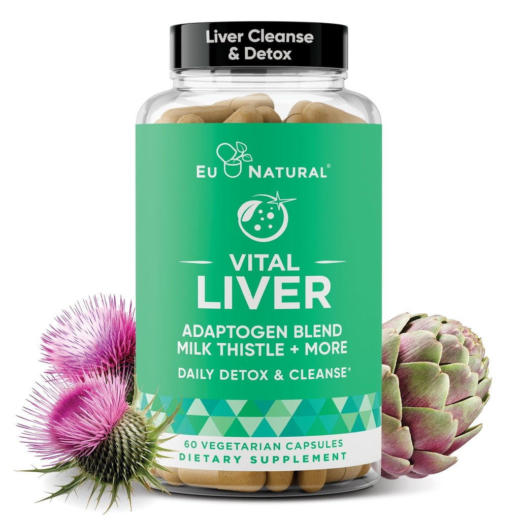 Vitalna jetrna čistila za čiščenje in popravila - 9-v-1 Podporni dodatek za jetra - Milk Thistle, Artichoke Extract, Kurkuma, Adaptogeni - Optimalno delovanje jeter in prebavni zdravje - 60 vegetarijanske mehke kapsule