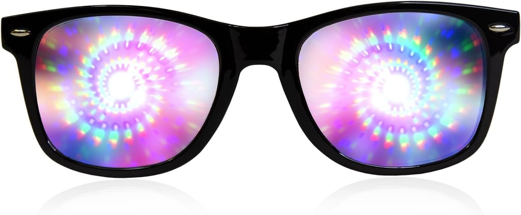 GloFX Black Frame Spiral Difraction Očala – Laserski izbočeni za hipnotične spiralni svetlobni učinki, prilagodljivi in trajni za rave in festivale