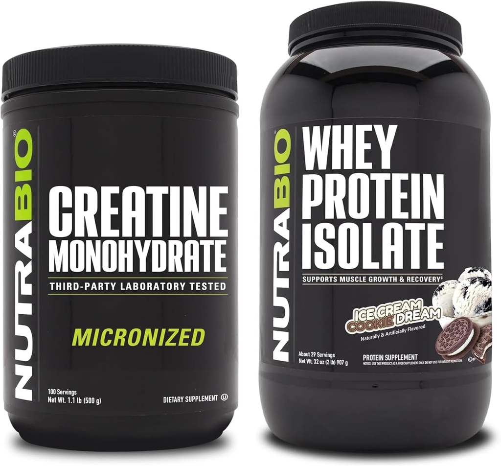 NutraBio Kreatin Monohidrat, brez arome, 500g in sirotkinega proteina izolat, Ice Cream Cookie Dream, Supplement Bundle - mišična energija, rast, okrevanje in moč