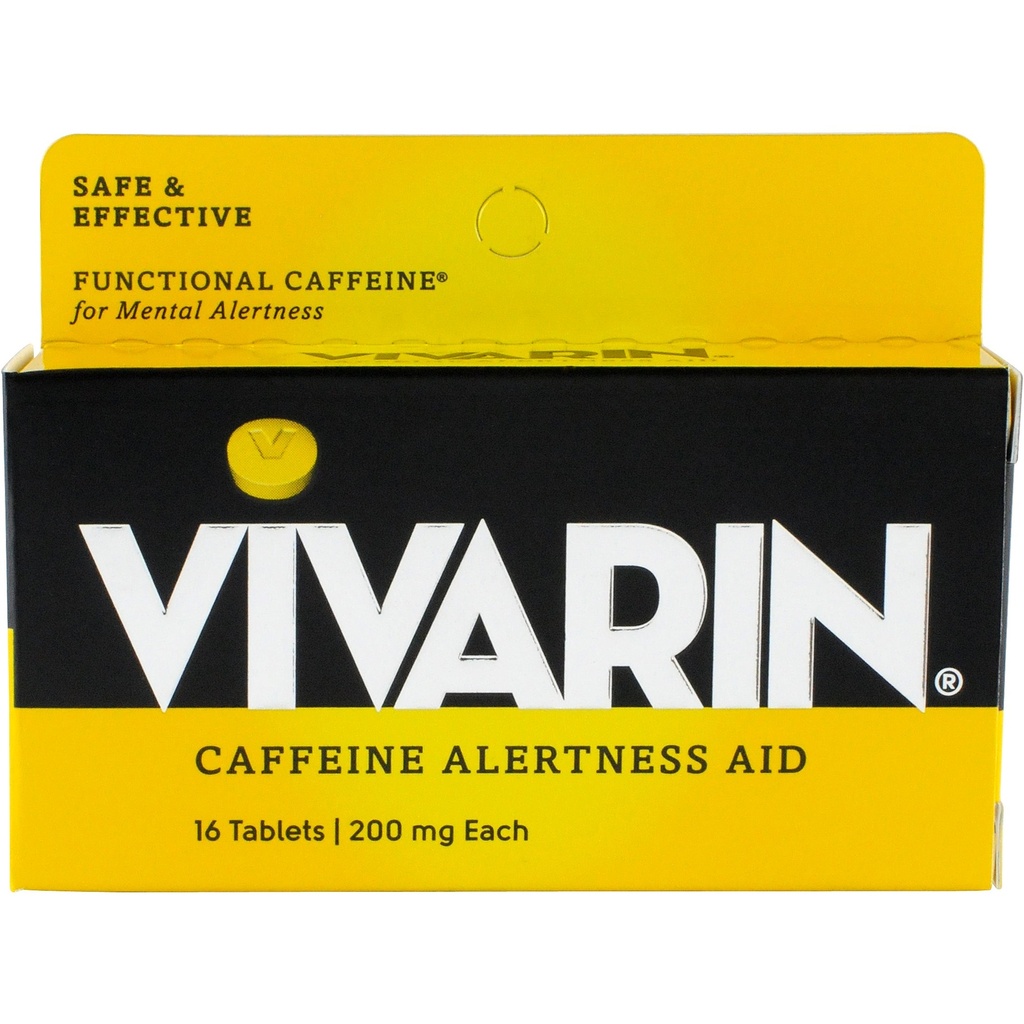 Vivarin, tablete kofeina, 200 mg kofeina v vsaki tableti, varno in učinkovito pomaga ostati buden, pomoč pri opozarjanju, dodatek k energiji, 16 tablet - 1 paket