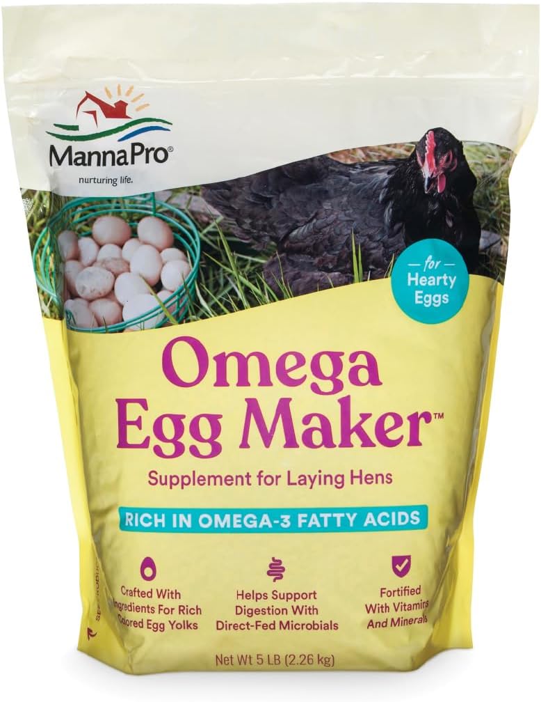 Manna Pro Omega Egg Maker, Chicken Feed Supplement for Laying Hens, Perutnina Hrana z Omega-3 Maščobne kisline, Prebavna podpora z utrjenimi vitamini in minerali, 5 lbs