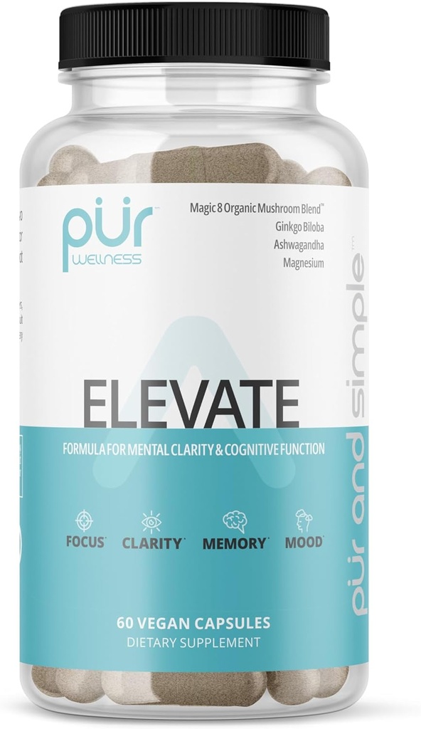 PUR Wellness Elevate Nootropic Brain Supplement for Focus Clarity Memory Mood, 8 Mešanica gob, Ginkgo Biloba, Ashwagandha, Magnezij za naravno energijo, kofein-brez koncentracije