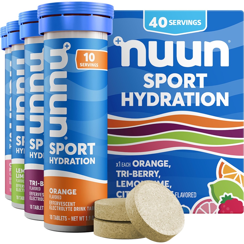Nuun Sport Elektrolitske tablete z magnezijem, kalcijom, kalijem, kloridom in natrijem, brez glutena in veganom, mešanimi aromami, 4 pakiranja (40 skupaj)