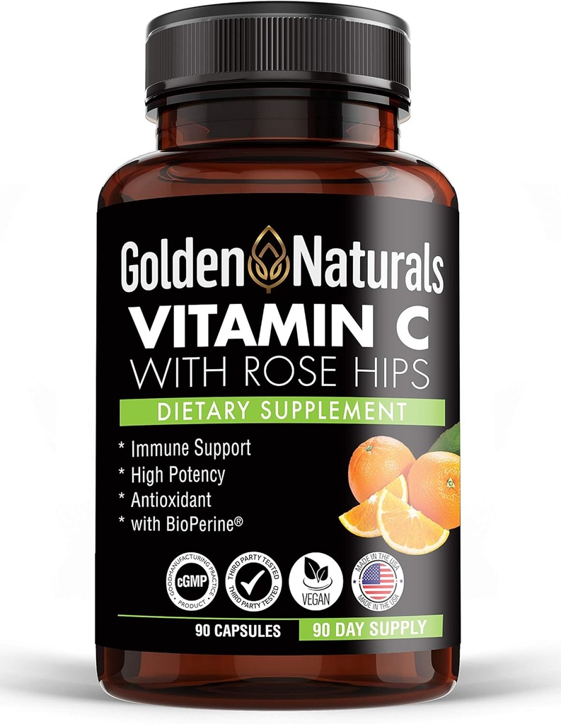 Golden Naturals Vitamin C z vso naravno Rose HIPS, 1000mg, Imunsko spodbujanje podporo in močan antioksidant, visoka absorpcija z BioPerin, izboljšanje zdravja kože, 90 kapsul