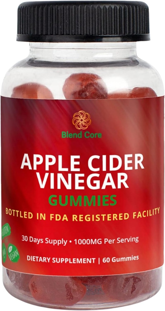 Jabolčni vinski kis z vitaminom B12 – Vegan, Gluten-free, Non-GMO – Apple & Purple Carrot aromatiziran – 1000mg ACV – 60 Gummies, 30-dnevno oskrbo