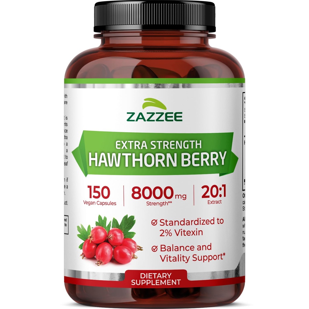 Zazzee Extra Strength Hawthorn Berry 20:1 Extract, 8000 mg Jakost, 2% Vitexin, 150 Veganskih kapsul, 5 mesecev zaloga, koncentrirano in standardizirano Potent 20X ekstrakt, ne-GMO in vse-naravni