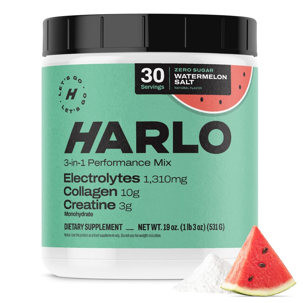 Harlo - Slana lubenica Elektrolitski napitek Mix w/Bovene Collagen & Kreatin - Kreatin monohidrat v prahu - Energijski napitek v prahu - Pred vadbo v prahu - Sladkor brez energijskih napitkov - Po vadbi