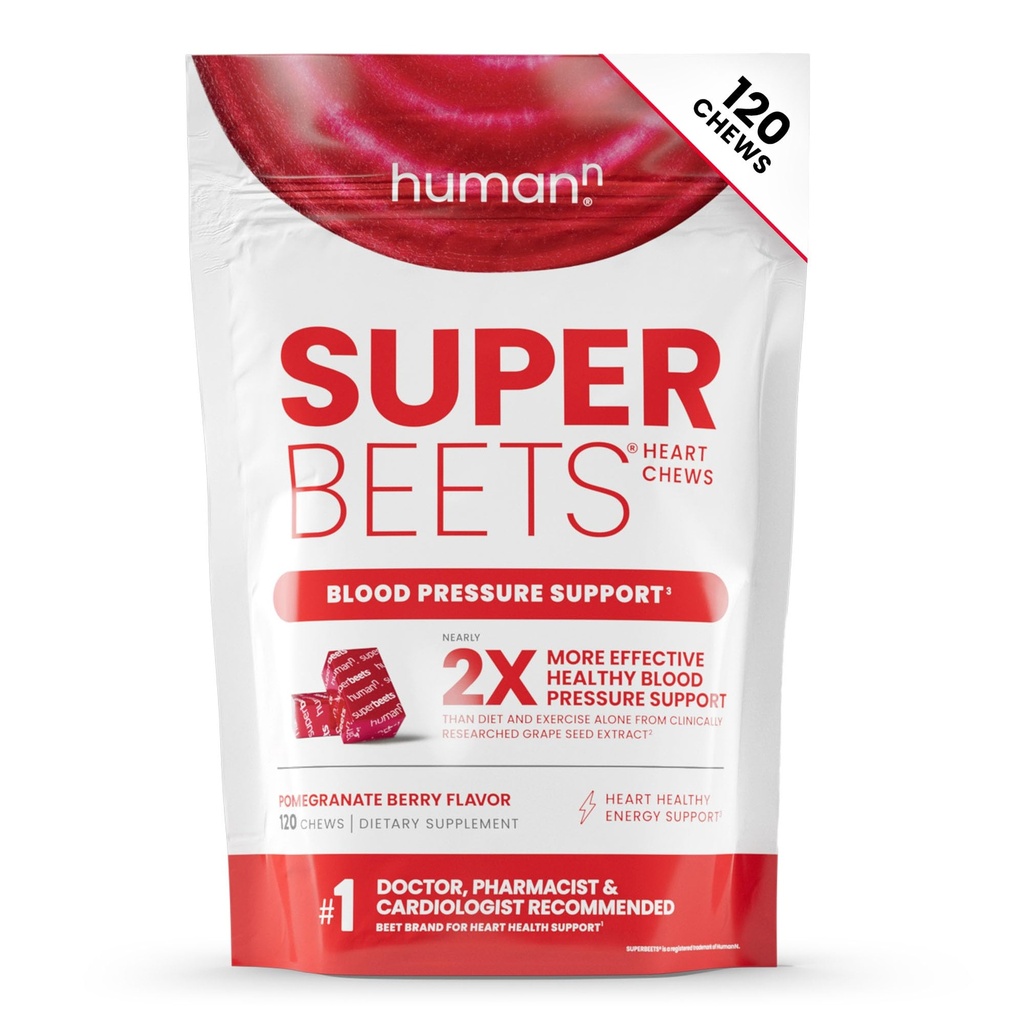 HumanN SuperBeets Heart Chews, dušikov oksid in podpora krvnemu tlaku, izvleček grozdnih semen in ne-GMO pese koren prahu energije, Granate Berry Flavor, 120 Count