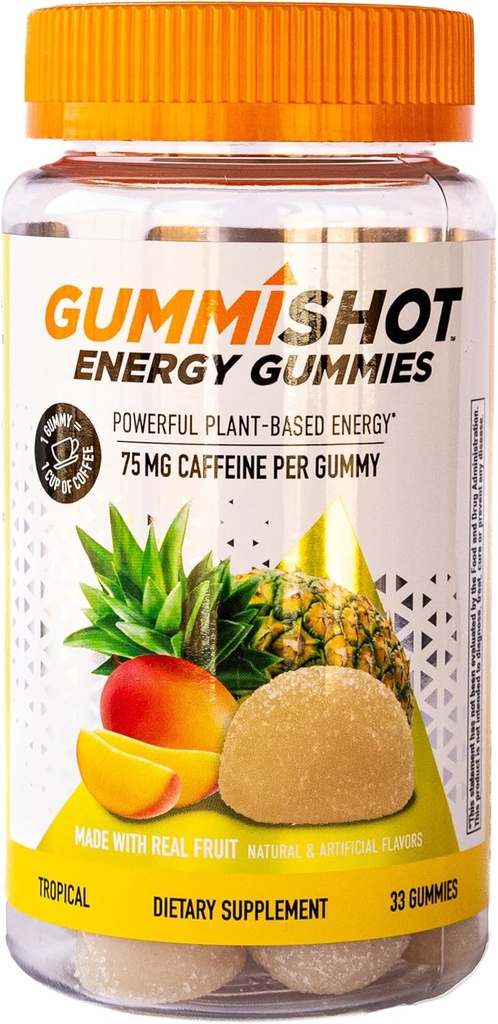 GummiShot Energy Gummies, 2475mg kofeinskih žvečil na steklenico, dolgotrajni energijski ojačevalniki, tropski (33ct)