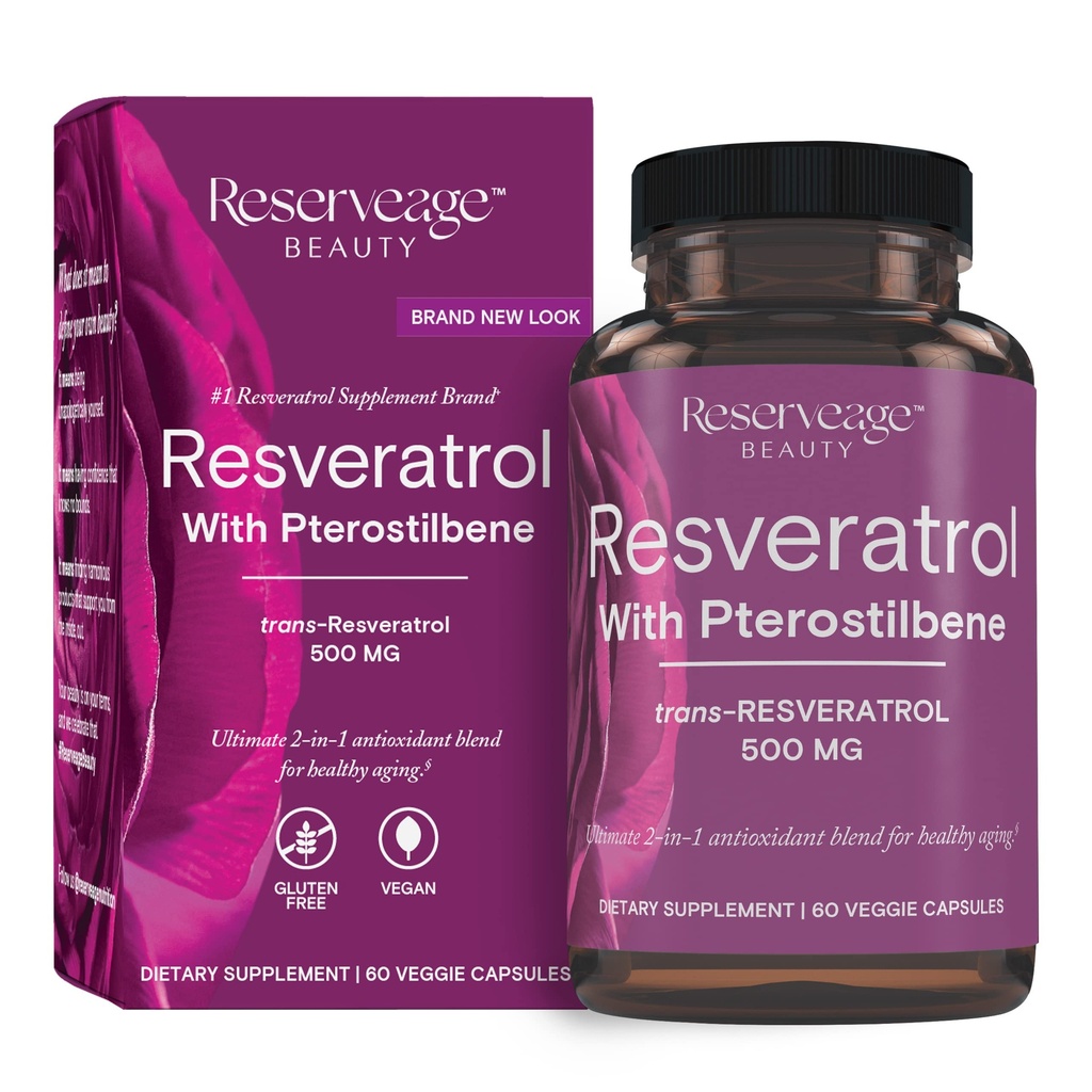Resveratrol 500 mg s Pterostilbenom, antioksidantnim dodatkom za imuno podporo in zdravje srca, podpira zdravo staranje, Paleo, Keto, 60 kapsul (60 strežb)