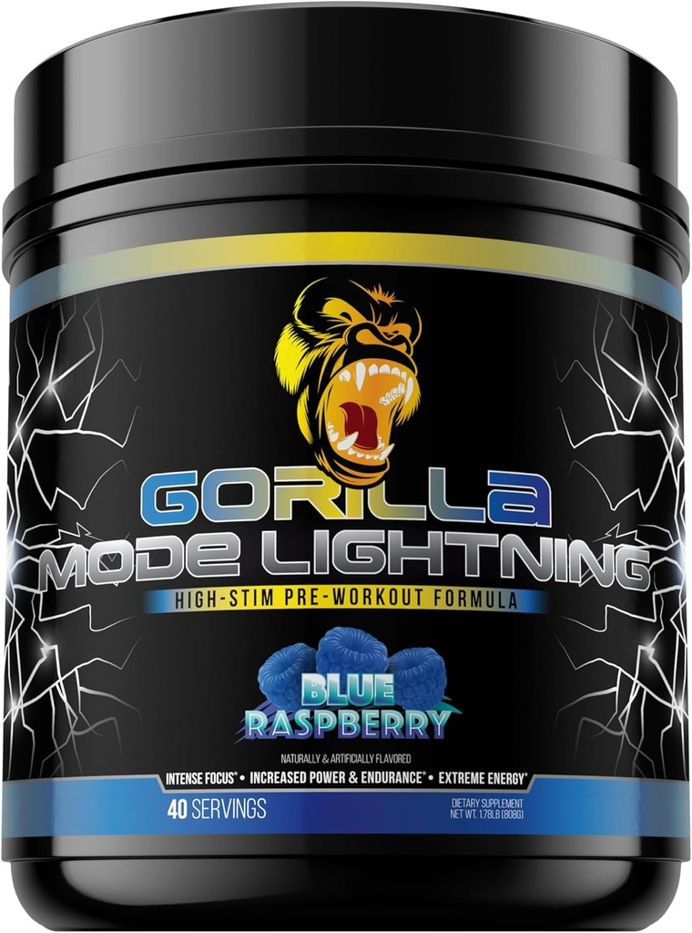 Gorilla Mode Lightning Pre-Workout - Extreme Energy · Laser Focus · Močne črpalke · Vrhunska zmogljivost - 550mg kofein, 13500mg L-tirozin, Alpha-GPC- 808g (Modra malina)