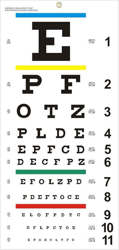 Eye Chart, Nadgrajena Snellen Eye Chart za izpite za oči 20 Noge, 22x11 Inches Plastic Low Vision Eye Charts Stena Chart s kovinsko oko za otroke darovi stenska dekoracija (20 stopal test razdalje)