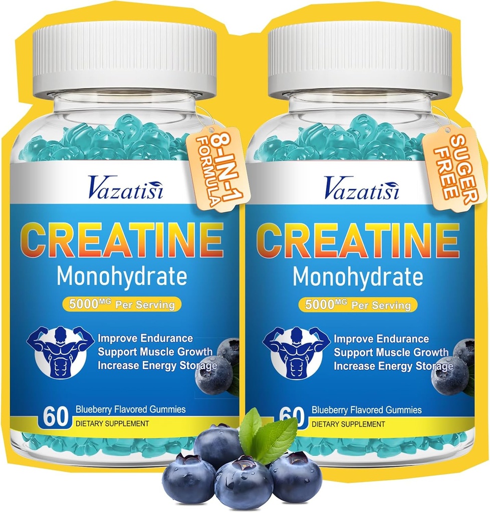 2 Pack Kreatin Monohidrat Gumiji za ženske in moške, Sugar Free Vegan Kreatin dodatek za izgradnjo mišic, povečanje energije in moči, borovničev okus, 120 Count